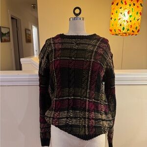 Plaid Knit Sweater - Black, Pink, and Brown